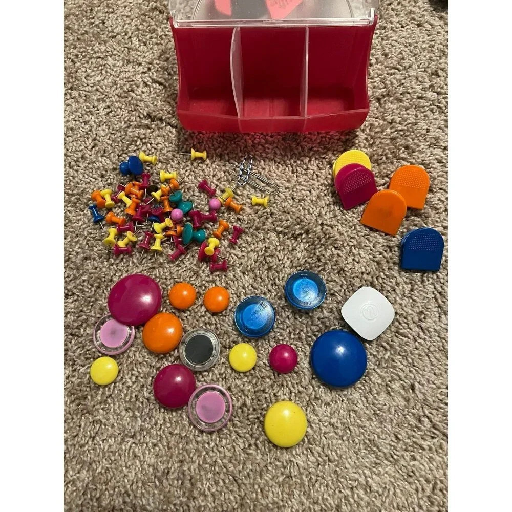 Lot of Clips, Tacks, Magnets for School/Office Supplies, in Storage Container